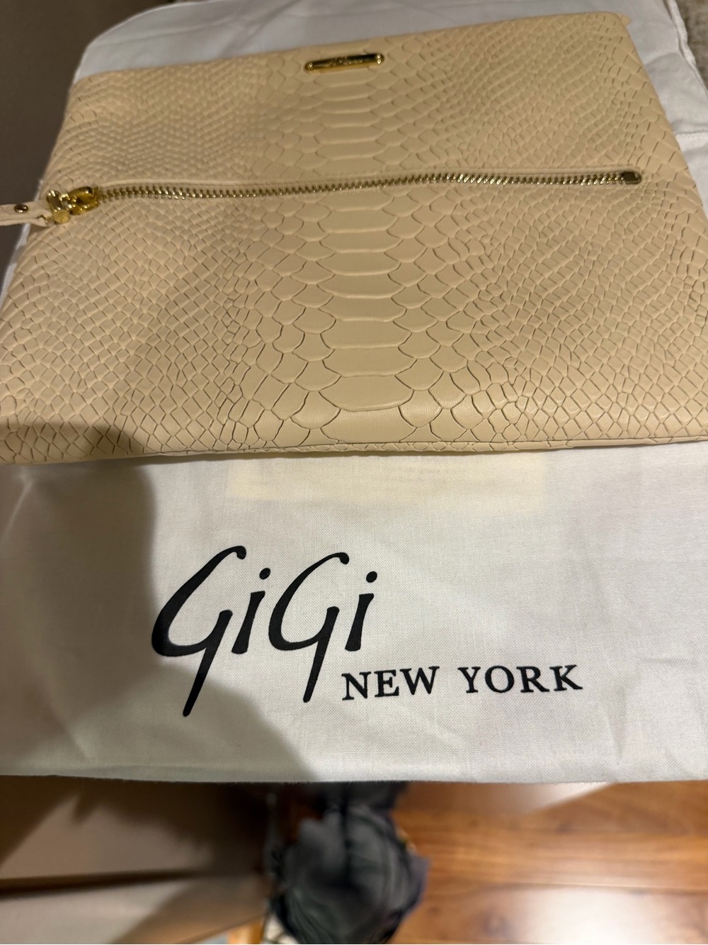 GiGi New York Beige Embossed Leather Zip Clutch with Gold Hardware